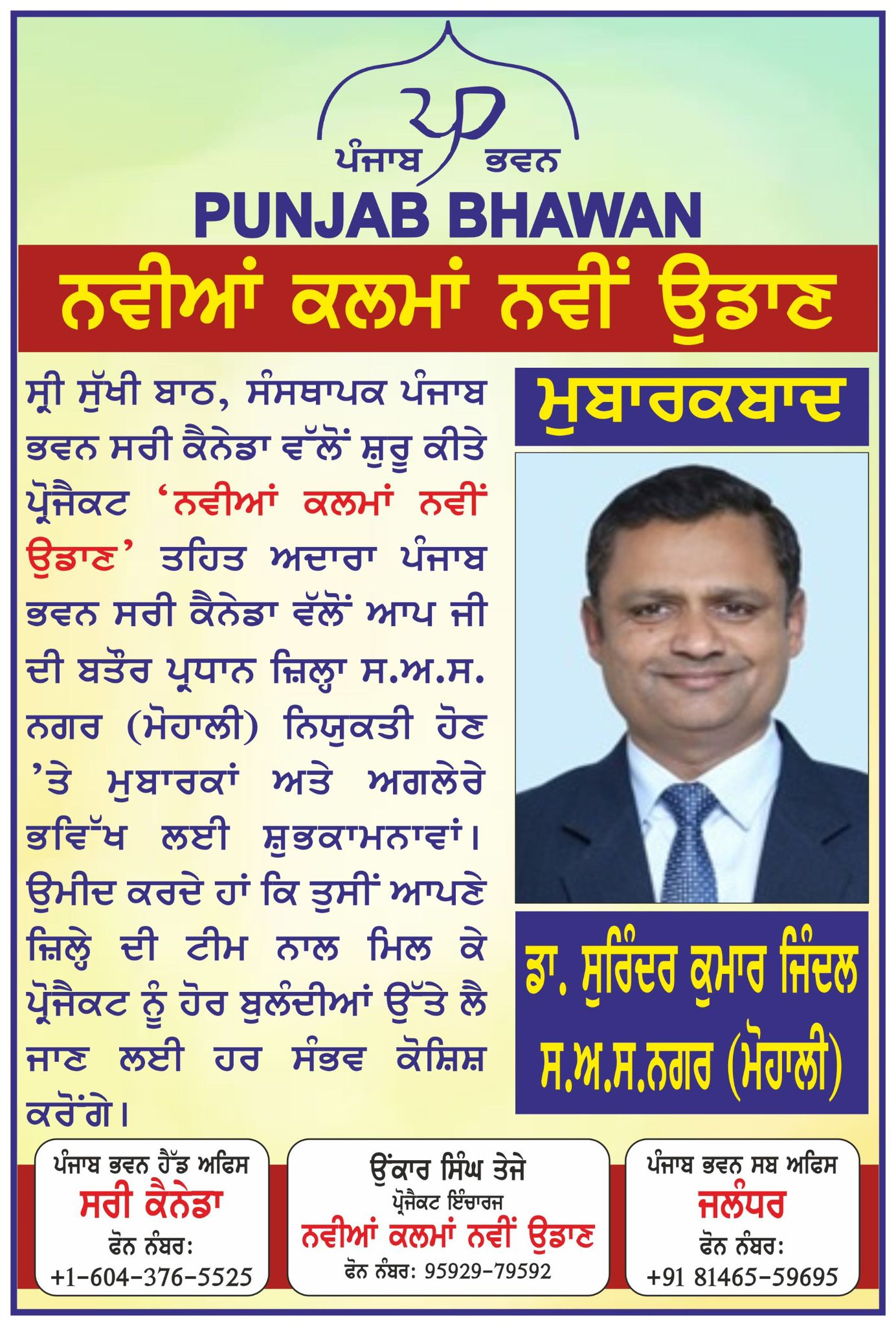 ਪੰਜਾਬ ਭਵਨ ਵੱਲੋਂ ਡਾ. ਸੁਰਿੰਦਰ ਕੁਮਾਰ ਜਿੰਦਲ ਜ਼ਿਲ੍ਹਾ ਮੋਹਾਲੀ ਦੇ ਪ੍ਰਧਾਨ ਨਿਯੁਕਤ